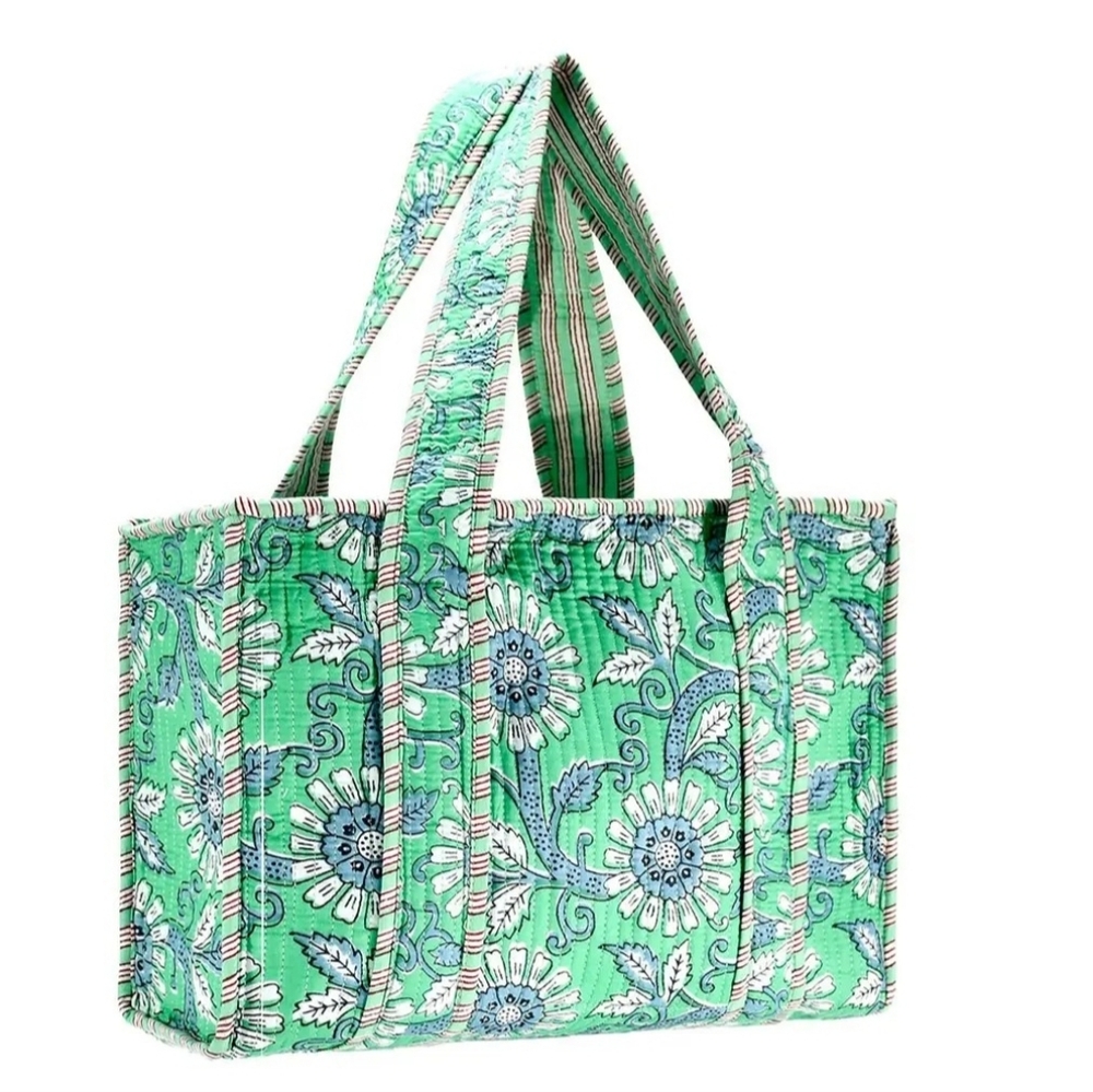Green Floral Quilted Tote Bag - Brand